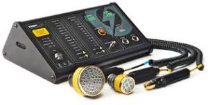Audio testing console with two handheld microphones